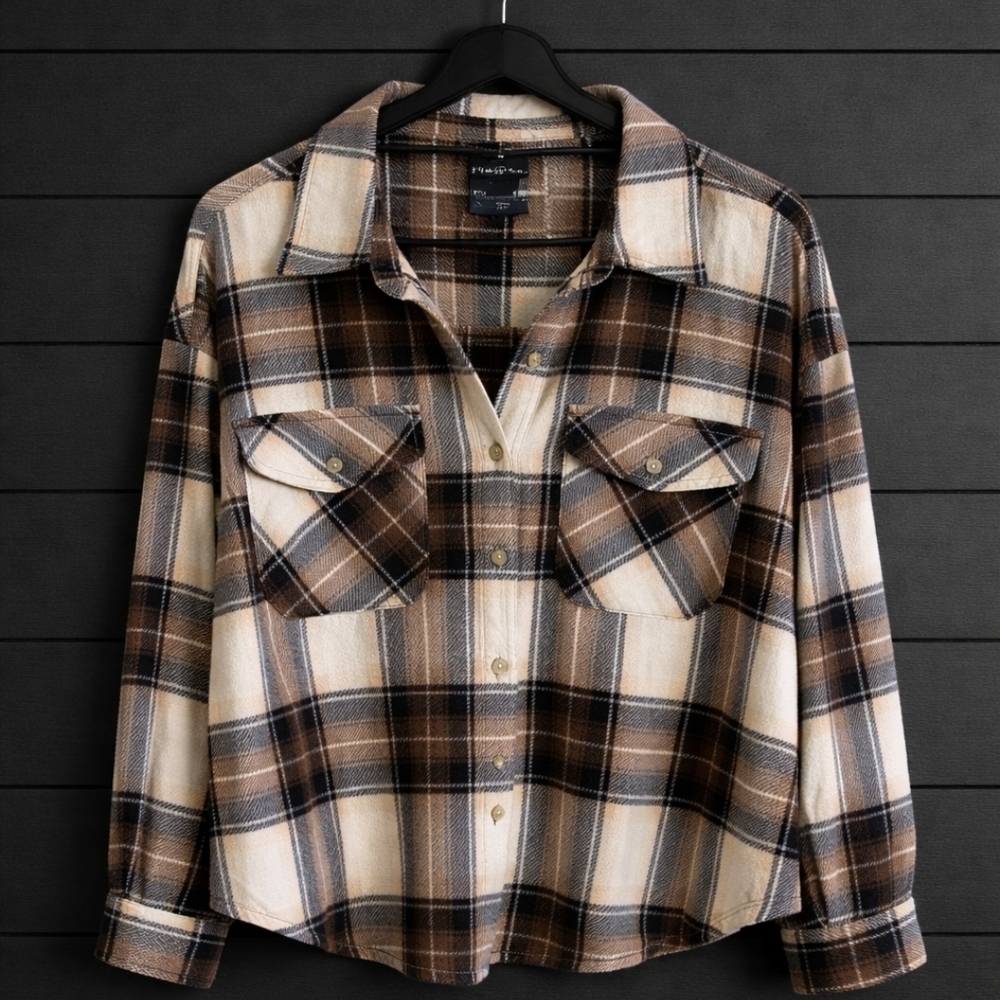 Plaid Button-Up Shacket Soft in Brown and Cream